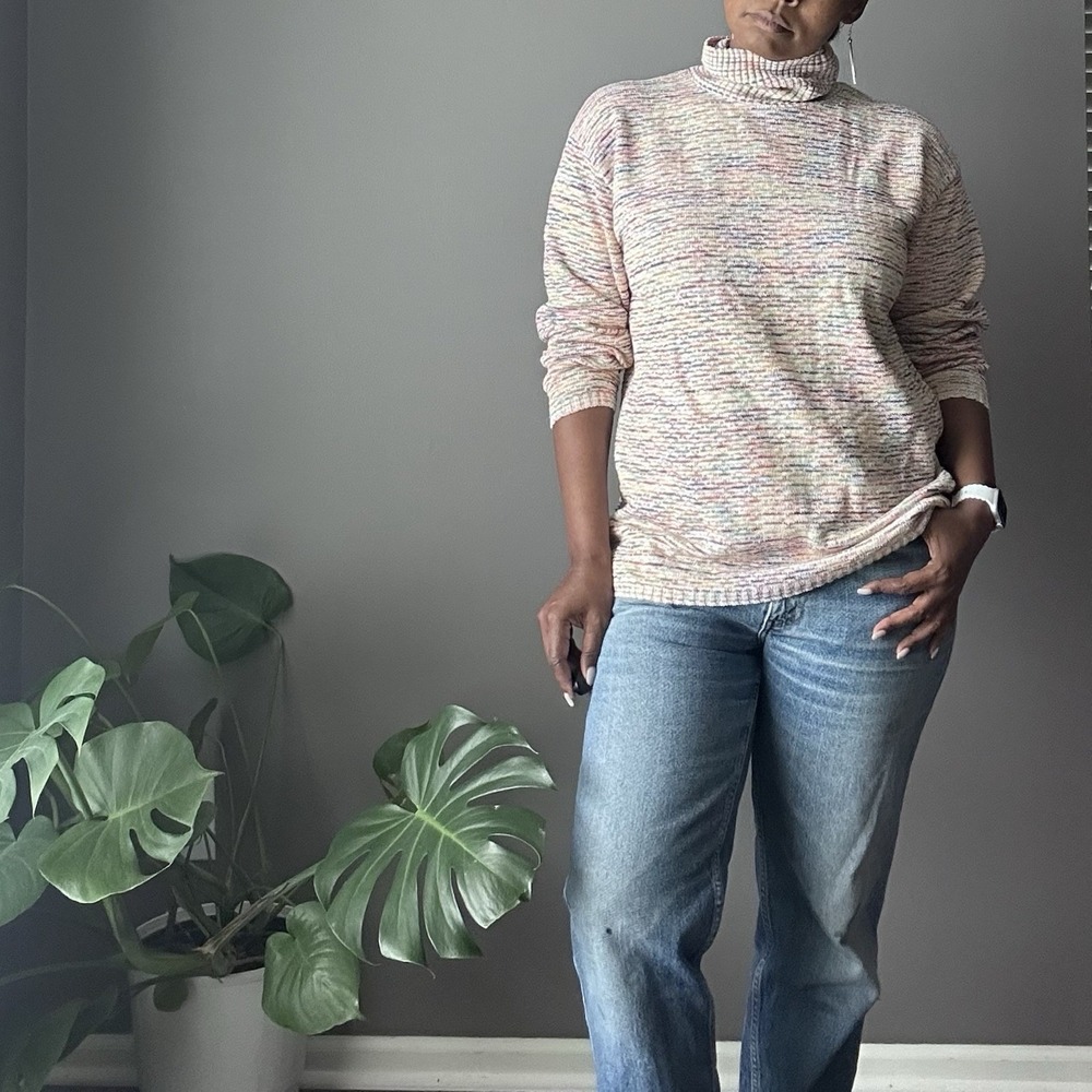 Vintage United States Sweaters Turtleneck Pullover Women Size M Rainbow Knit 90s